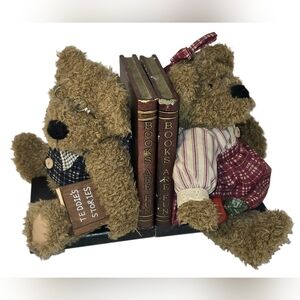 Vintage Country Style Removeable Plush Boy/Girl Teddy Bear Wood Bookends 1980s